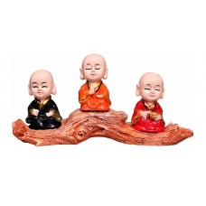 Buddha Monk Statue Set Of 3 Sitting On A Tree Trunk Miniature Figurines (Multicolor)